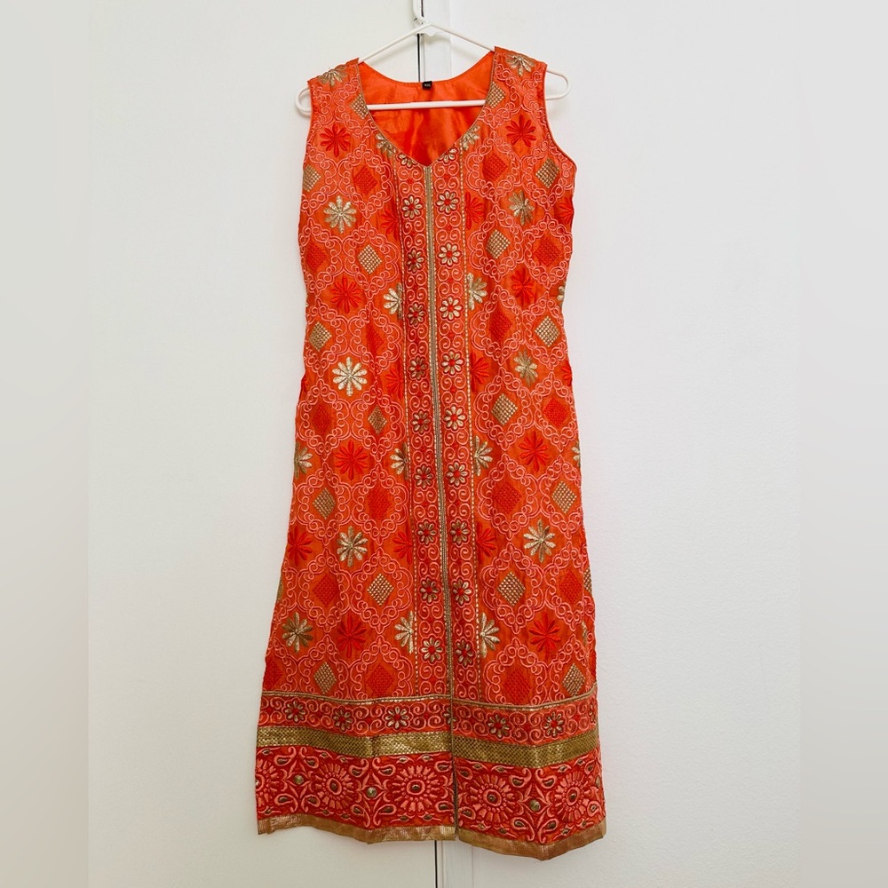 Orange Gold Metallic Soutache Embroidery Readymade Indian ethnic wear Size XXL